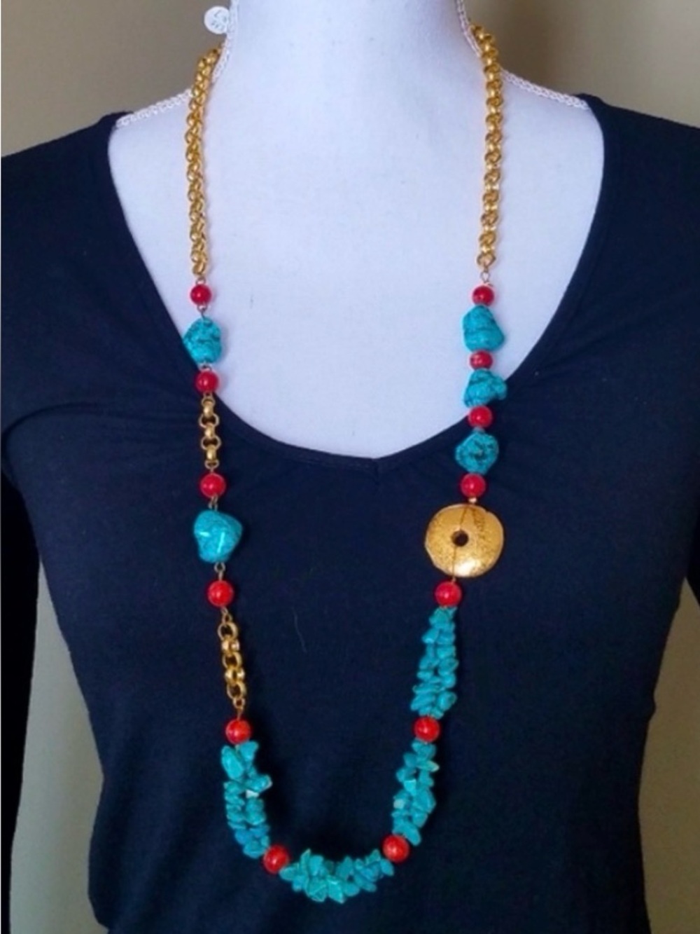 Genuine Coral & Turquoise Nuggets Chunky Gold Chain Handmade Necklace NWT